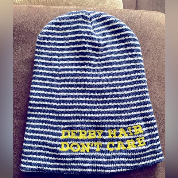 Winter hat, one size blue and white stripe with yellow embroidery - Picture 1 of 3